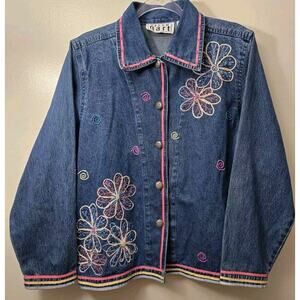 Vintage‎ Keren Hart Denim Bedazzled Embroidered Flower Jacket Women's Size Small